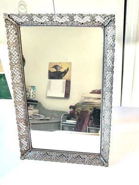 Vintage Pierced Gold Mirrored Vanity Tray, Wall Mirror, Easel Back Mirror